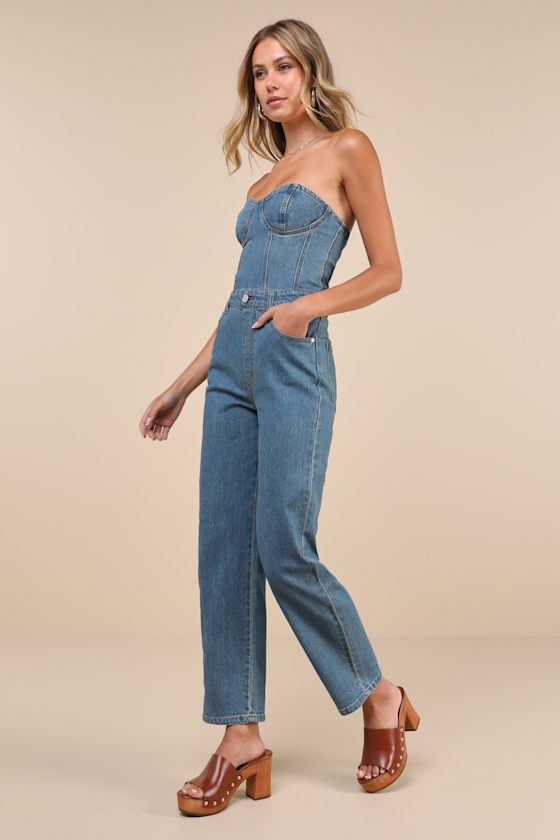 Steve Madden Anya Medium Wash Denim Strapless Cropped Bustier Jumpsuit In Blue
