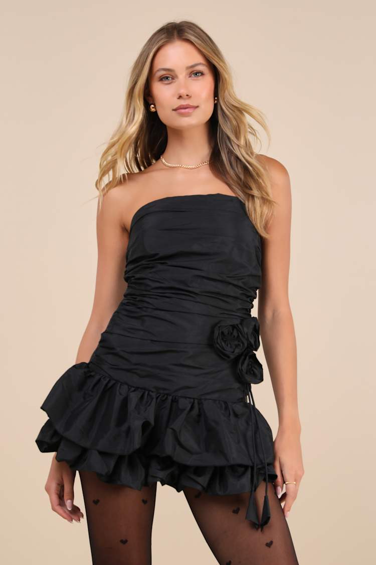 Rose Pick Black Strapless Ruched Rosette Mini Dress