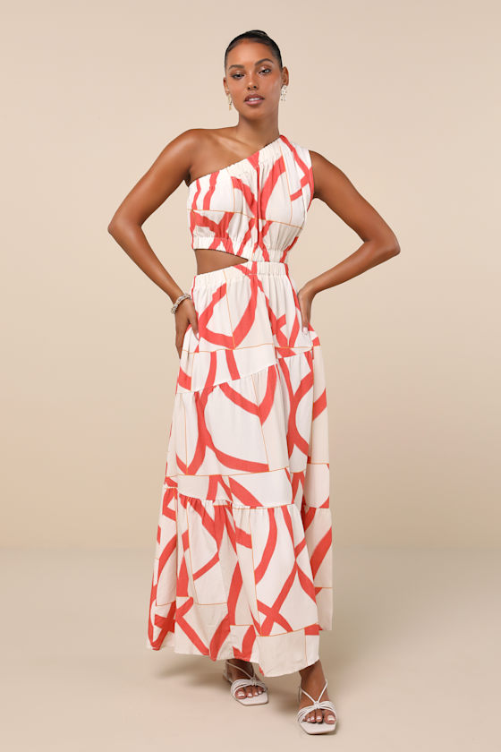 Yasmin White and Coral Abstract Linen One-Shoulder Maxi Dress 4
