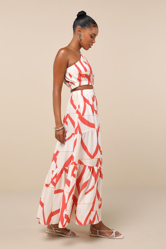 Yasmin White and Coral Abstract Linen One-Shoulder Maxi Dress 5