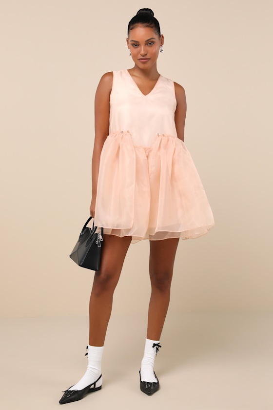 Zemeta Bloom - Blush Pink Organza Dress - Ribbon Tie Mini