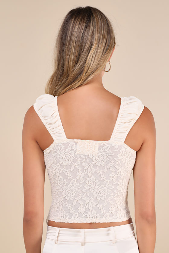 Zemeta Rose Crush Ivory Rosette Satin Lace Sheer Back Tank Top In Ivory