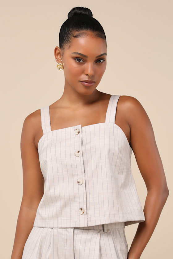Little Lies Breezy Catch Beige And Blue Pinstriped Button-up Cami Top In Beige