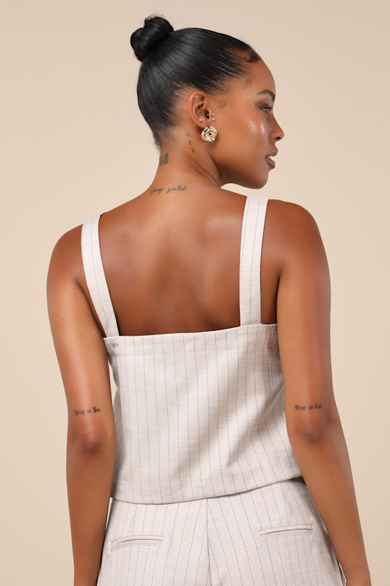 Little Lies Breezy Catch Beige And Blue Pinstriped Button-up Cami Top In Beige