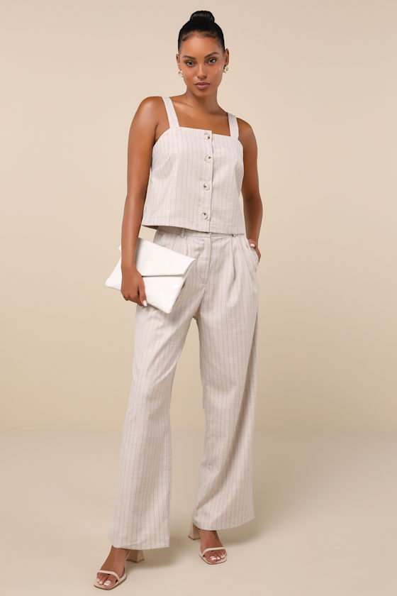 Little Lies Breezy Catch Beige And Blue Pinstriped Button-up Cami Top In Beige