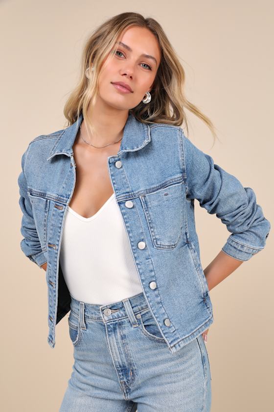 Medium Wash Button Down Lace Trim Denim Jacket