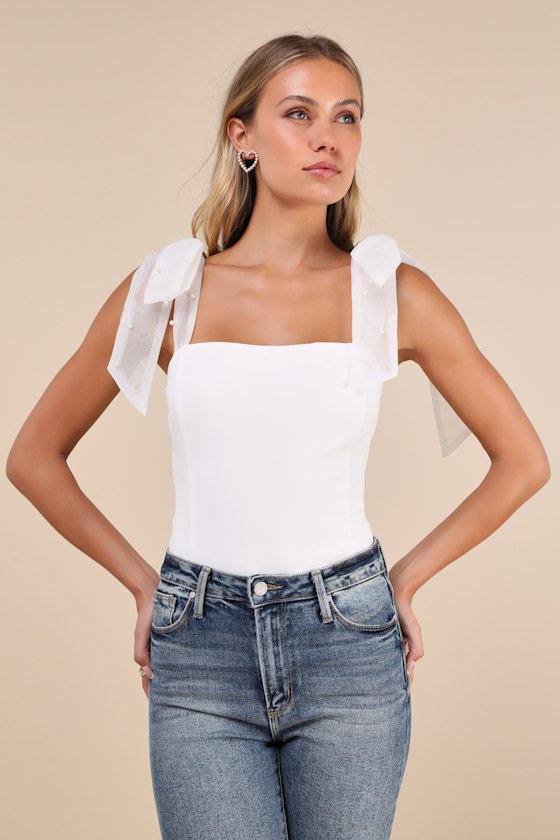 LULUS BEAMING PERFECTION WHITE PEARL ORGANZA TIE-STRAP BODYSUIT