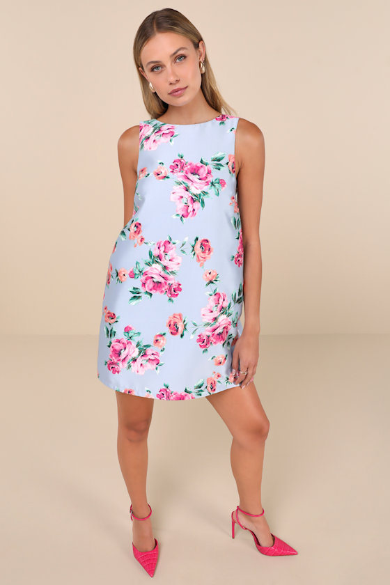 Lulus Exceedingly Darling Blue Floral Plunge Back Bow Shift Mini Dress In Blue