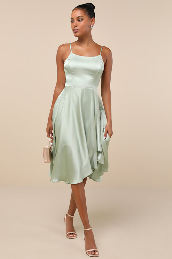 Sage Satin Dress - Satin Midi Dress - Asymmetrical Dress - Lulus