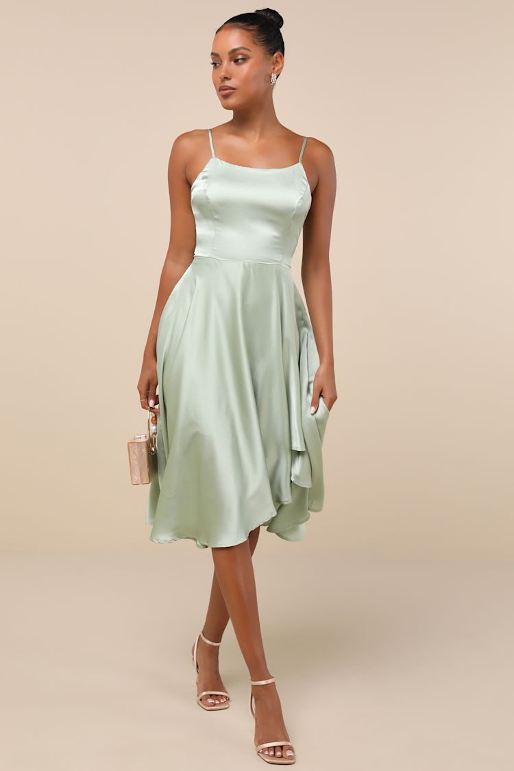 Sage Satin Dress - Satin Midi Dress - Asymmetrical Dress - Lulus Sage Satin Dress - Satin Midi Dress - Asymmetrical Dress - Lulus