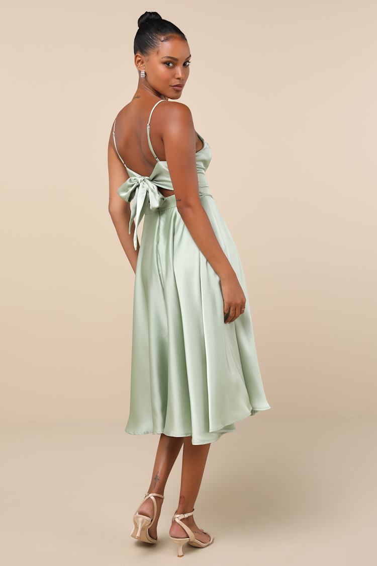 Days Like Today Sage Satin Asymmetrical Tie-Back Midi Dress