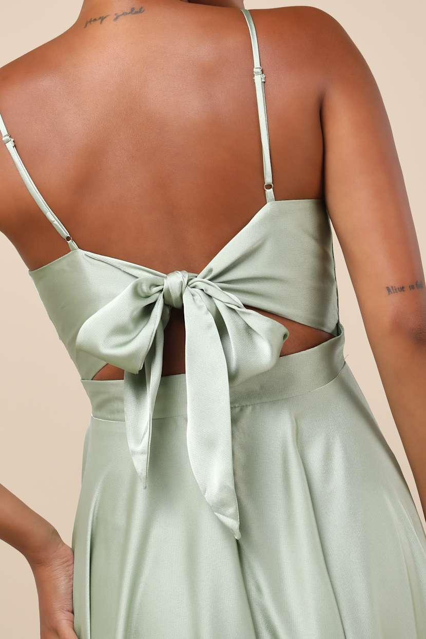 Days Like Today Sage Satin Asymmetrical Tie-Back Midi Dress