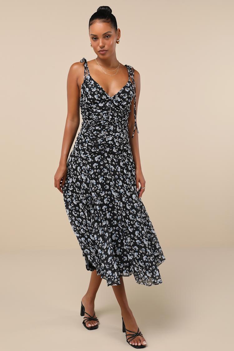 white christmas dresses Olydia Midi Dress in Black Chiffon with Crystal Flower Print