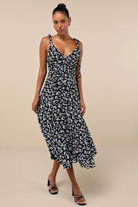 Charming Invitation Black Floral Tie-Strap Drop Waist Midi Dress 4