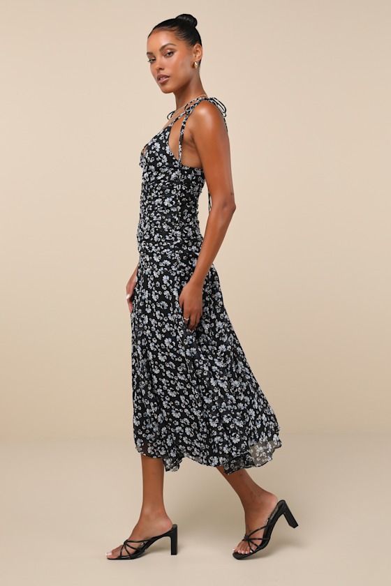 Lulus Charming Invitation Black Floral Tie-strap Drop Waist Midi Dress In Black