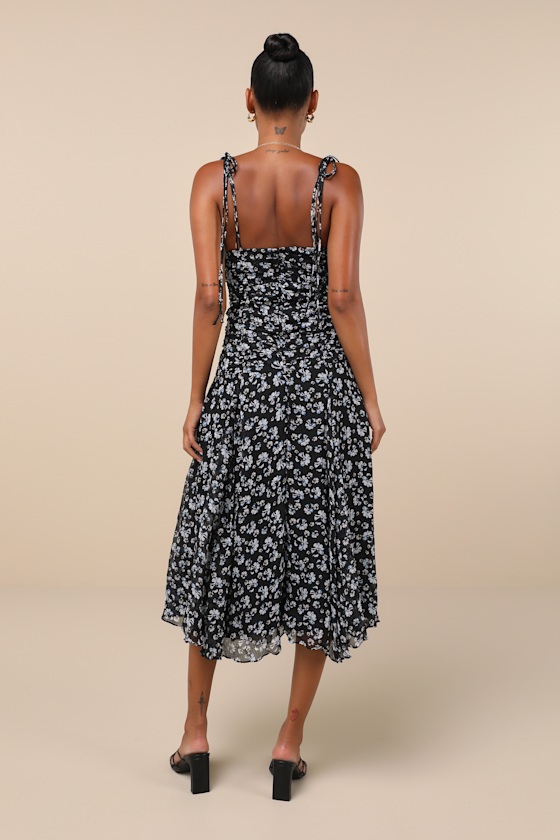 Lulus Charming Invitation Black Floral Tie-strap Drop Waist Midi Dress In Black