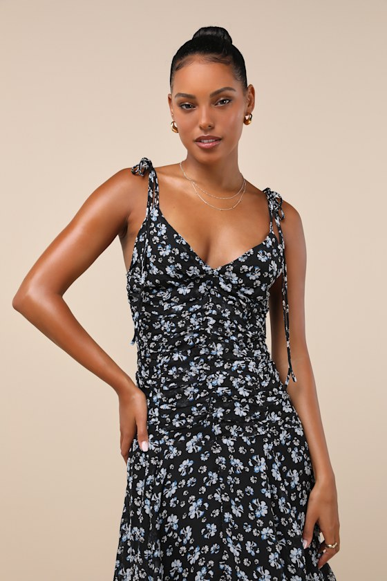 Lulus Charming Invitation Black Floral Tie-strap Drop Waist Midi Dress In Black