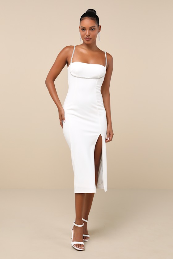 Image of Upscale Flirt Ivory Rhinestone Sleeveless Bodycon Midi Dress