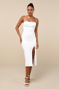 Upscale Flirt Ivory Rhinestone Sleeveless Bodycon Midi Dress
