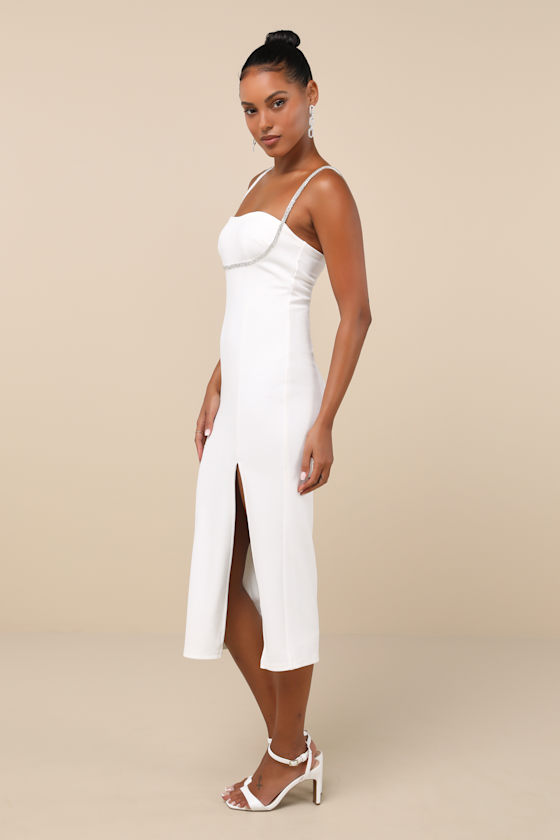 Upscale Flirt Ivory Rhinestone Sleeveless Bodycon Midi Dress 3