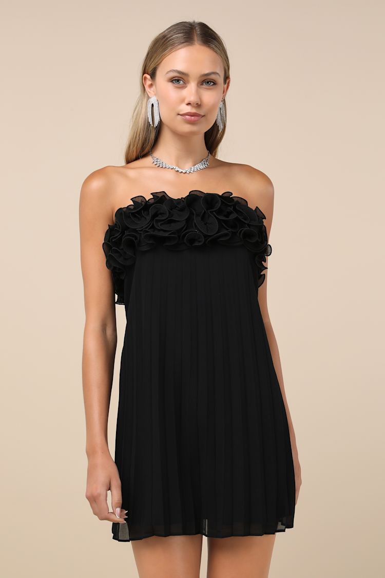 Substantial Chicness Black Strapless Ruffled Shift Mini Dress