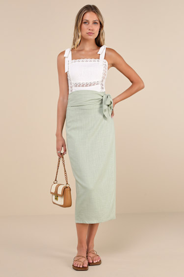 Sage Green Midi Skirt Wrap Skirt Linen-Blend Skirt Lulus