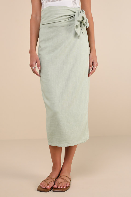 Tanis Midi Wrap Skirt in Emerald and Cream Leaf Linen Blend