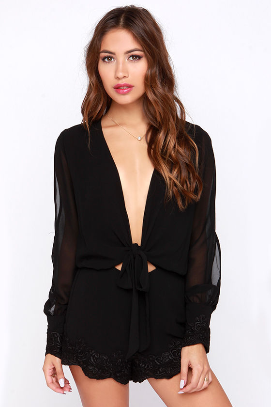 Pretty Embroidered Romper - Black Romper - Long Sleeve Romper - $42.00 ...