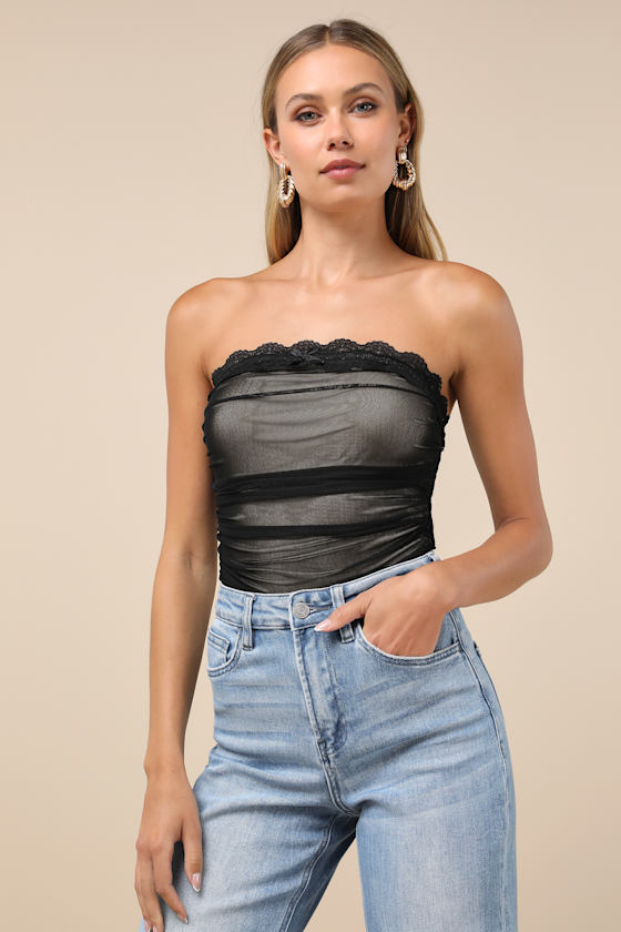 Flirty Excellence Black Mesh Lace Ruched Strapless Top 1
