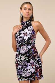 Gorgeous Shine Black Multi Floral Sequin Backless Mini Dress 4