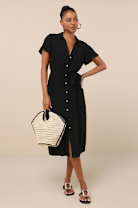 Italian Summer Black Linen Button-Up Short Sleeve Midi Dress 2