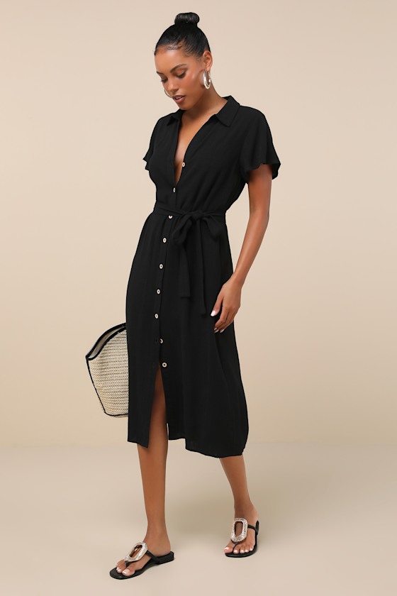 Lulus Italian Summer Black Linen Button-up Short Sleeve Midi Dress In Black