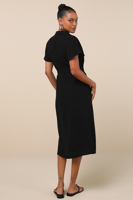 Italian Summer Black Linen Button-Up Short Sleeve Midi Dress 1