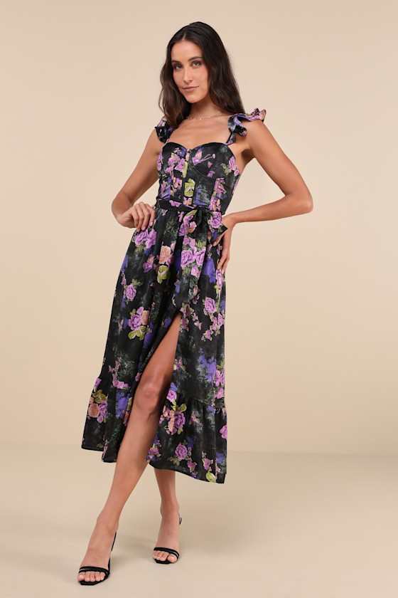 Lulus Sweet Like Sangria Black Floral Ruffled Bustier Midi Dress In Black