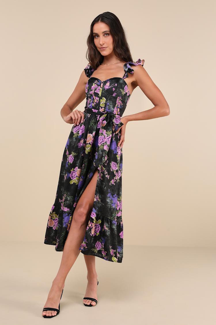 fitted lace wedding dress Carole Purple Floral Wrap Neck Puff Sleeve Skater Mini Dress – Get That  Trend main image 0
