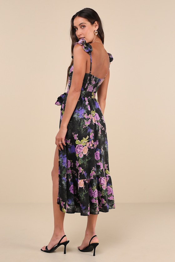 Lulus Sweet Like Sangria Black Floral Ruffled Bustier Midi Dress In Black