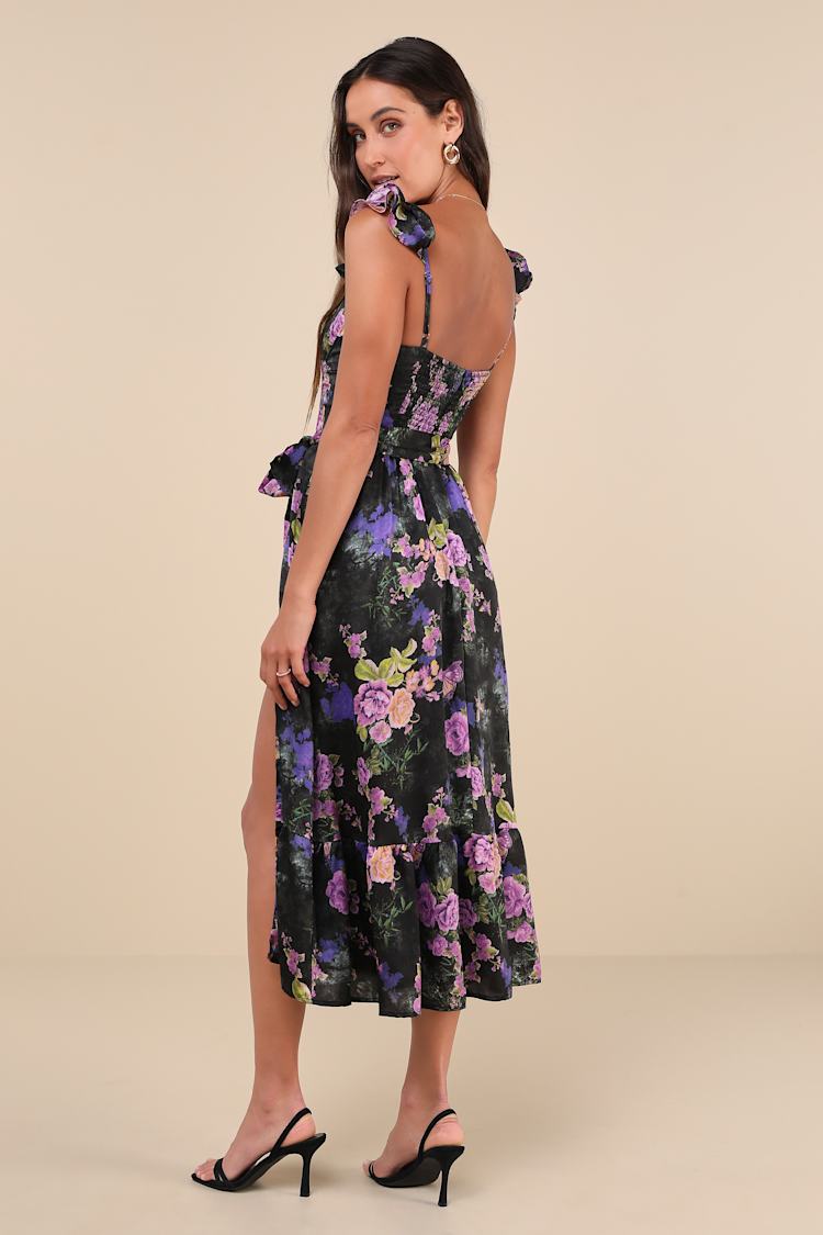 Sweet Like Sangria Black Floral Ruffled Bustier Midi Dress