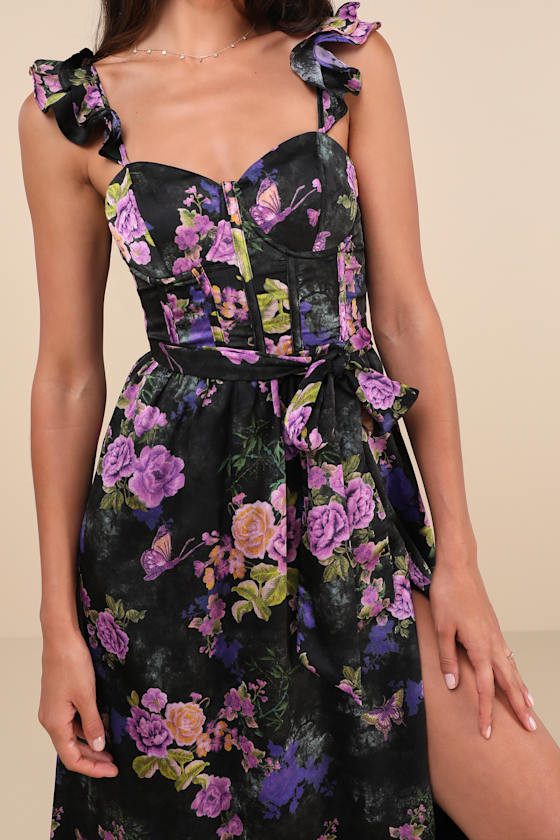Lulus Sweet Like Sangria Black Floral Ruffled Bustier Midi Dress In Black