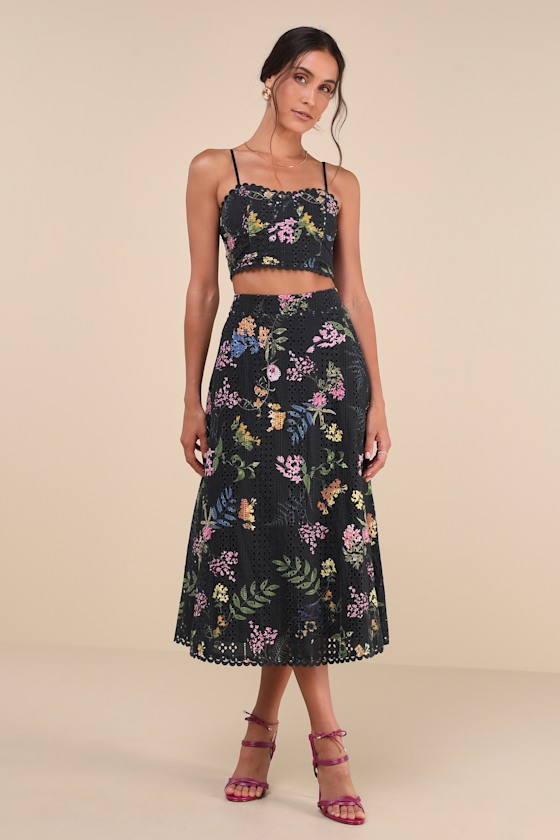 Black Floral Midi Dress - Two-Piece Dress - Embroidered Dress - Lulus