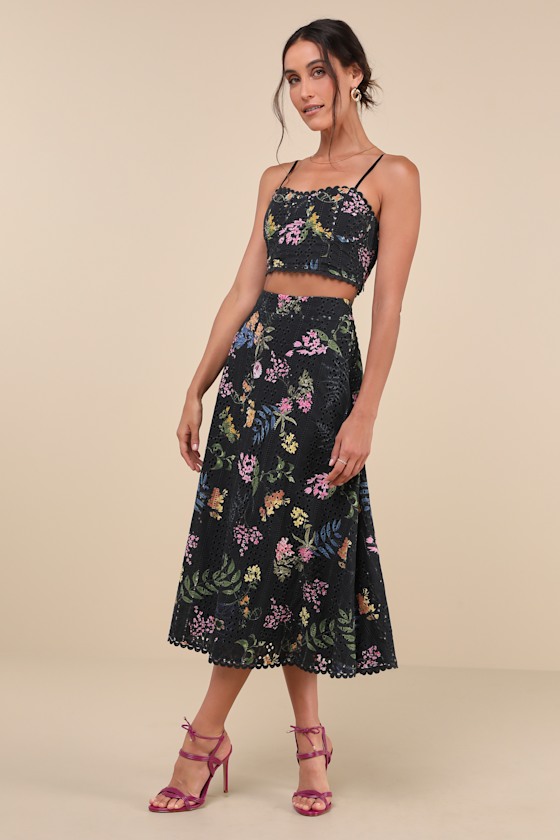 Lulus Sweet At Heart Black Floral Embroidered Two-piece Midi Dress In Black