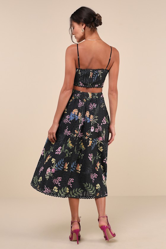 Lulus Sweet At Heart Black Floral Embroidered Two-piece Midi Dress In Black