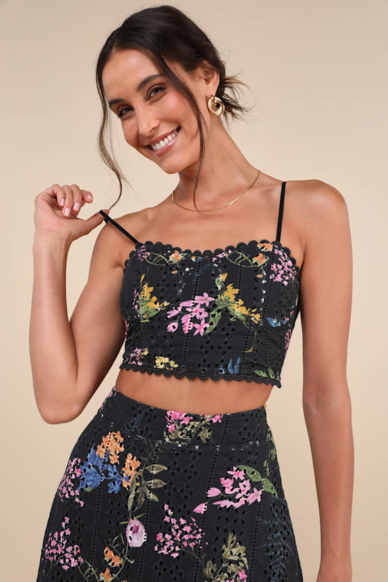 Lulus Sweet At Heart Black Floral Embroidered Two-piece Midi Dress In Black