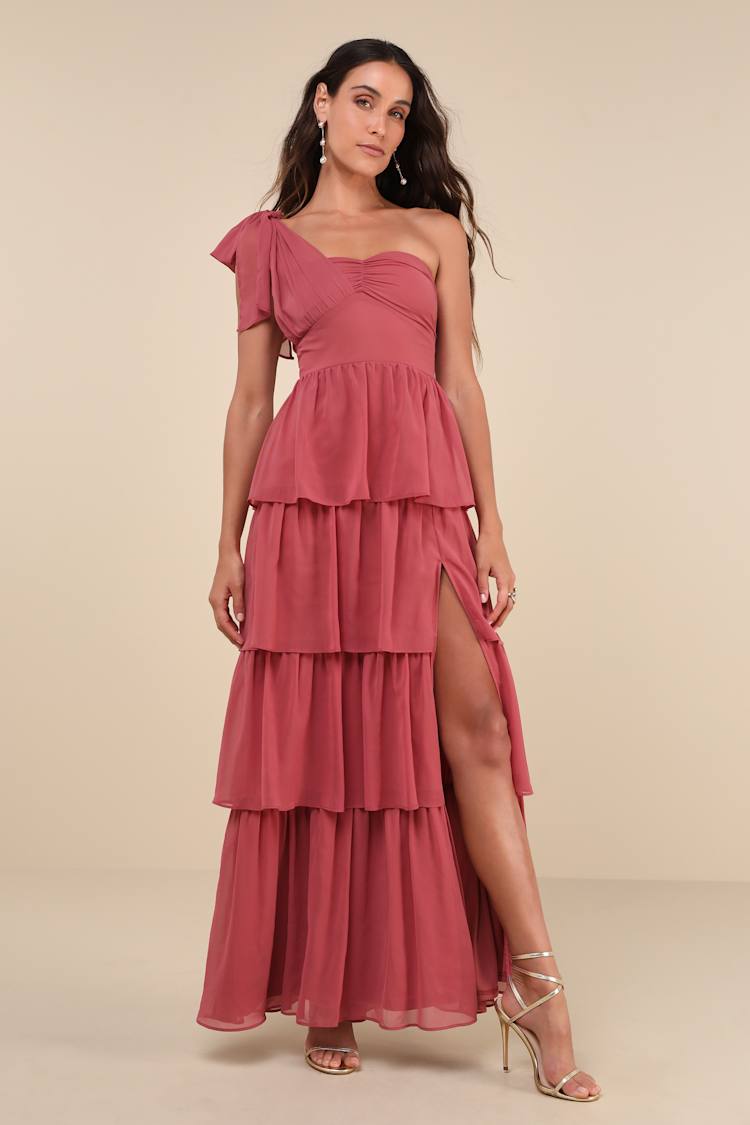 Rusty Rose Maxi Dress - One-Shoulder Maxi Dress - Tiered Dress - Lulus