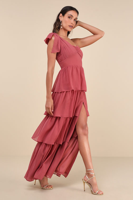 Lulus Elevated Vision Rusty Rose One-shoulder Tiered Maxi Dress In Pink