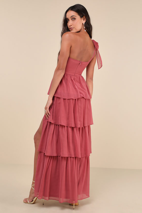 Lulus Elevated Vision Rusty Rose One-shoulder Tiered Maxi Dress In Pink