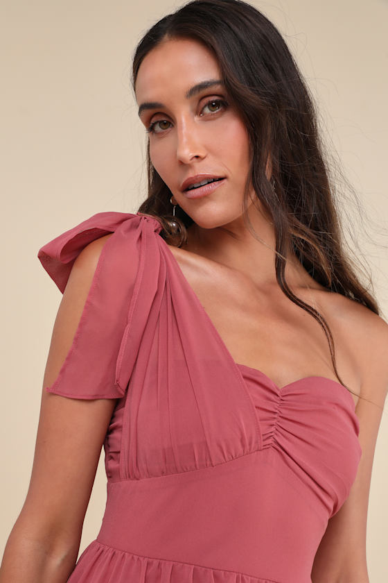 Lulus Elevated Vision Rusty Rose One-shoulder Tiered Maxi Dress In Pink