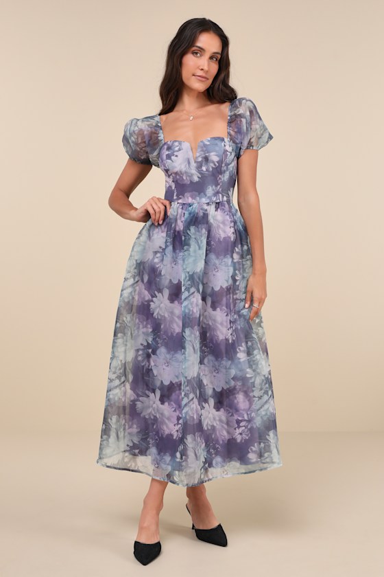 Lovely Statement Purple Floral Organza Tie-Back Midi Dress 3