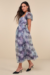 Lovely Statement Purple Floral Organza Tie-Back Midi Dress 4