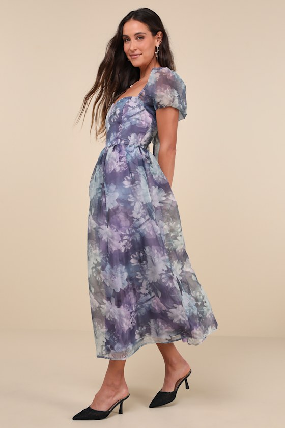 Lovely Statement Purple Floral Organza Tie-Back Midi Dress 4