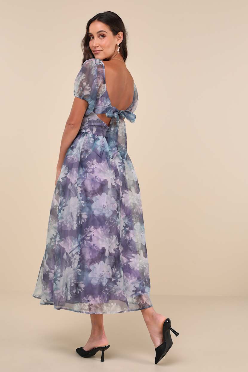 Lovely Statement Purple Floral Organza Tie-Back Midi Dress